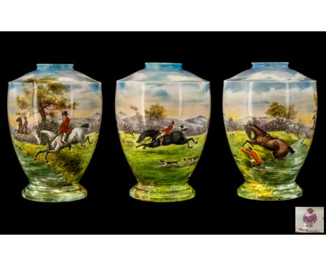 Minton Superb Late 19thC Hand Painted Lamp Base of tapered form, decorated with a panoramic view of a hunting scene in wonder