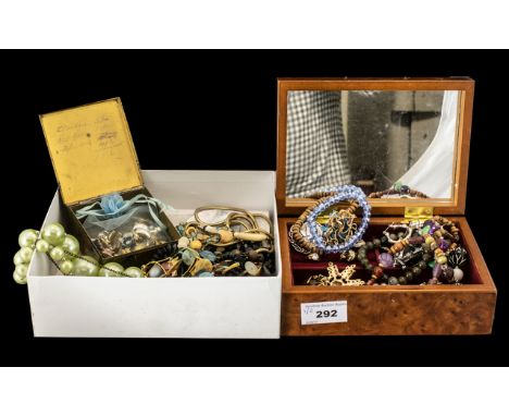 Jewellery Box of Vintage &amp; Retro Costume Jewellery.  Wooden jewellery box full of brooches, rings, earrings and bracelets