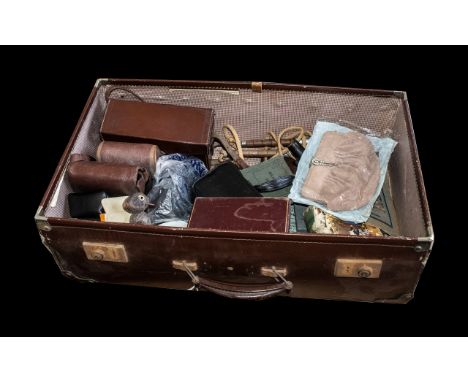 Early to Mid 20thC Suitcase Containing a Quantity of Collectables and Ephemera. To include a leather silk lined chart case, I