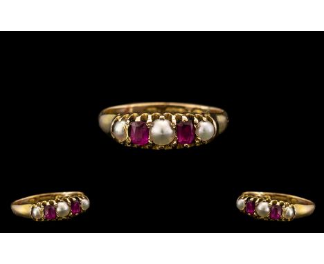 Antique Period Pleasing and Excellent Quality 15ct Gold Ruby and Pearl Dress Ring, gallery setting, marked 625 -15ct to inter