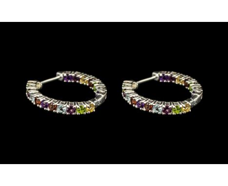 Multi Gemstone 'Rainbow' Hoop Earrings, oval cuts of peridot. amethyst, red garnet, citrine and sky blue topaz set, verticall