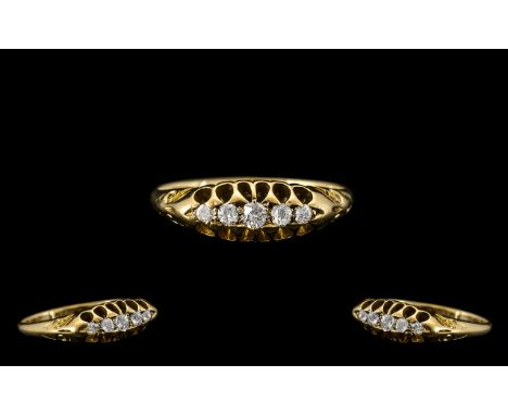 Antique Period 18ct Gold Attractive 5 Stone Diamond Set Ring, Gypsy setting.  The five old cut diamonds of excellent colour a