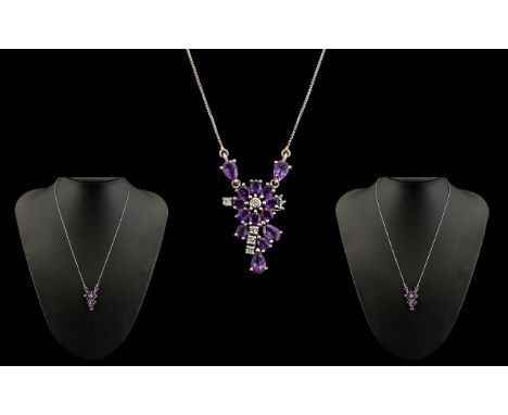 Amethyst Ladies Sterling Silver 925 Pendant &amp; Chain.  Lovely amethyst pendant set with crystal stones, good colour and sp