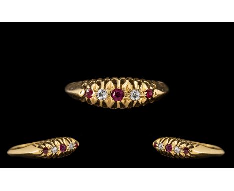 Antique Period Attractive 18ct Gold Diamond and Ruby Set Ring, gypsy setting; hallmarked London 1918; ring size N; excellent 