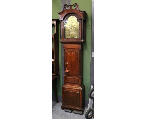 An Oak and Mahogany Eight Day Longcase Clock, 12"arch brass dial, bearing a later inscription James Gandy, Cockermouth, 1748,