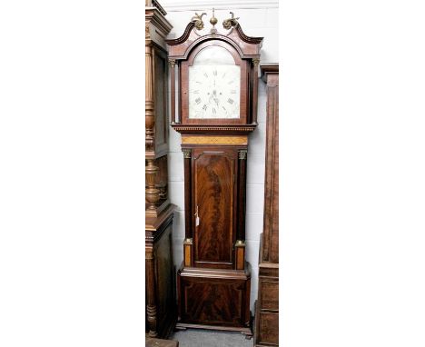 ~ A Mahogany Eight Day Long Case Clock, painted dial is unsigned, 233cm high, circa 1790 and laterWith pendulum and two weigh