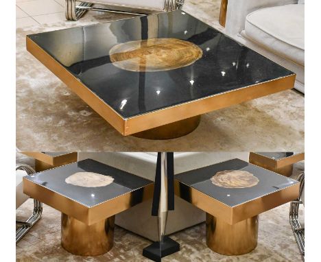 A Pair of Gilt Metal and Black Perspex Pedestal Lamp Tables, with central petrified wood cross section design, 65cm square by