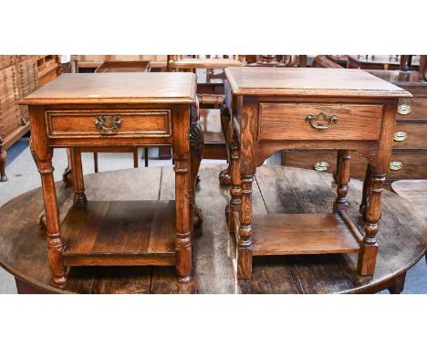 A Near Pair of Titchmarsh and Goodwin Style Oak Lamp Tables, each fitted with a draw, largest 49cm by 41cm by 59cm