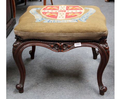 A Victorian Rosewood Stool, with armorial needle point seat on floral carved cabriole supports, 56cm square by 43cm, together