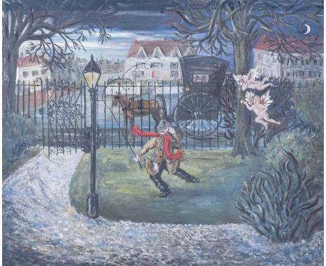 Nell Walker (20th Century)"Dancing Cab Man with Apollos"Inscribed to artist's label verso, oil on panel, 49.5cm by 60cm