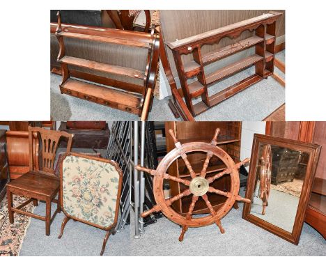 A Group of Furniture Comprising: A Sutherland table, coal purdonium, hanging shelf, ships wheel, music stool, fire screen, mi