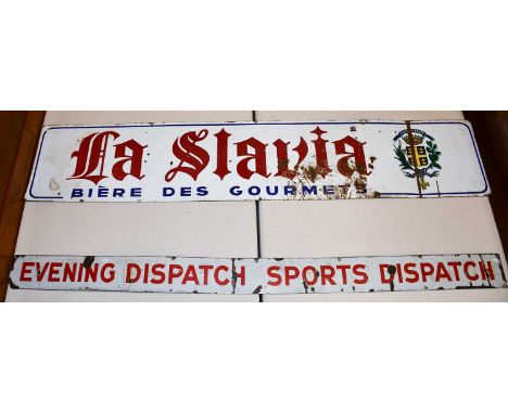 An Enamel Advertising Sign, La Slavia Biers, 203cm by 40cm, together with another for an evening paper, 198cm by 14cm (2)
