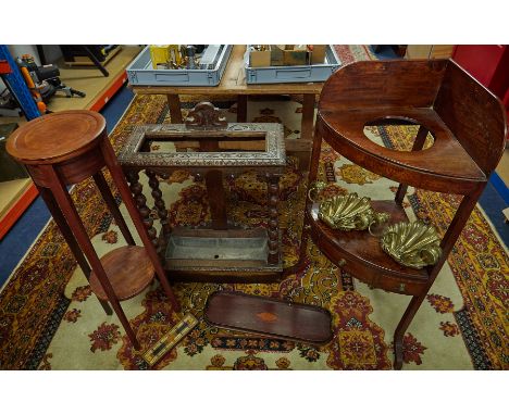 A carved oak stick stand, a Georgian mahogany corner washstand, a two tier plantstand, pair shell wall sconces, cribbage boar