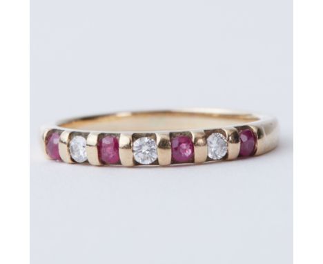 A 9ct yellow gold half eternity style ring set with round cut rubies approx. 0.12 carats and round cut diamonds approx. 0.09 