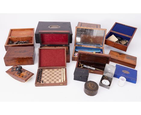 A collection of various boxes including leather travel writing box fitted with an inkwell, prayer cards, various wood boxes i