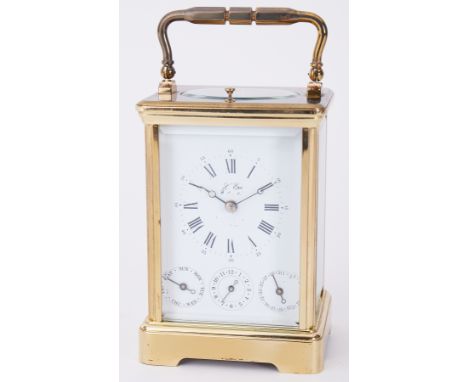 A 20th century French brass carriage clock, the enamelled dial set with Roman and Arabic numerals, with three secondary dials
