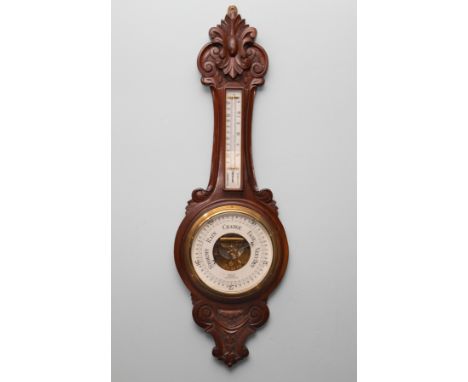 An Edwardian mahogany cased wall barometer and thermometer, maker Robson &amp; Co, 46 Dean St. Newcastle-Upon-Tyne, length 90