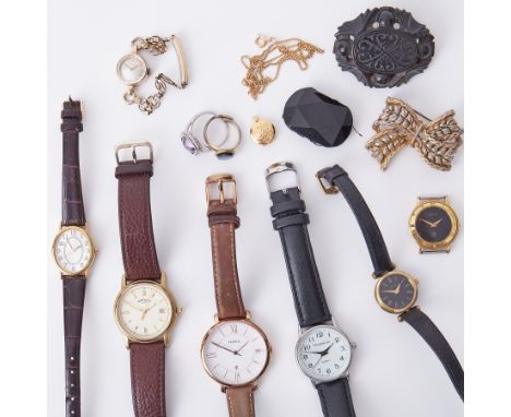 A mixed lot of costume jewellery &amp; watches to include two mourning brooches, rings, locket, six watches &amp; one watch f