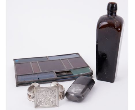 Mixed lot including small stained glass leaded panels, wine bottle, metal slave bangle etc.
