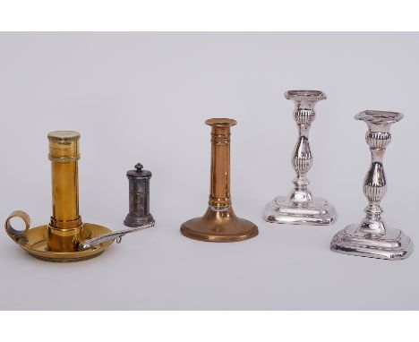 A pair of silver plated candlesticks, 19th century brass candlestick, chamberstick (5).