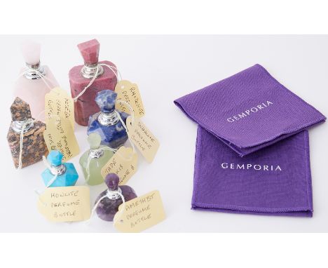 A collection of ten gemstone scent bottles including jade, rose quartz, amethyst, howlite, sodalite, leopard skin jasper &amp