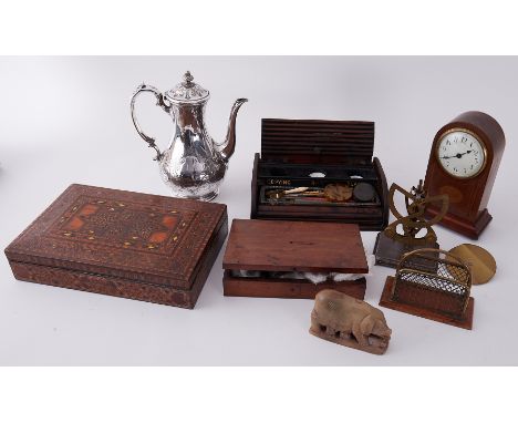 A mixed lot including Victorian tambour front desk writing set, a parquetry inlaid box, a carved green hardstone model of a p