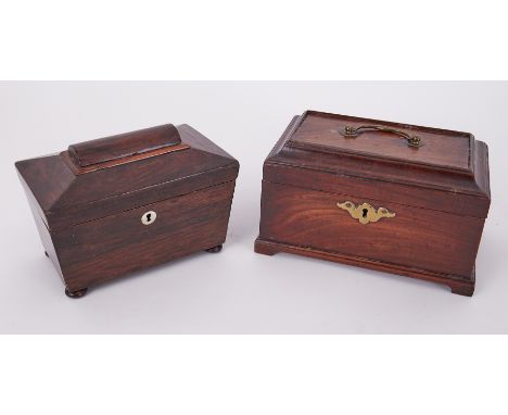 A Victorian rosewood tea caddy together with a Georgian mahogany tea caddy of rectangular form with brass handle (2).