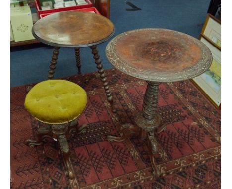Victorian walnut cricket table with bobbin turned legs, Victorian barley twist tripod table and piano stool (3).