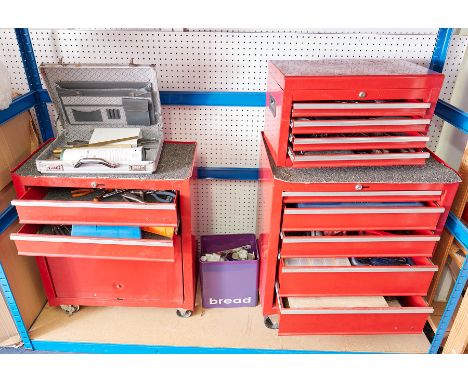 Two tool cabinets on wheels and one top box tool cabinet each containing a collection of various tools including spanners, me