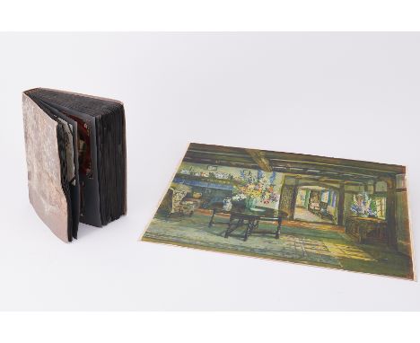 A vintage postcard album containing mixed cards including Edwardian and later period, together with a print after Davis Richt