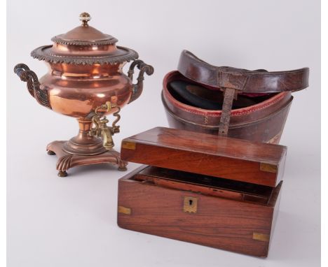 A top hat by Cooper Box &amp; Co in leather case together with copper Samovar and Victorian writing slope fitted with a singl
