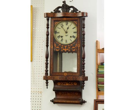 A Victorian wall clock with parquetry inlaid case.