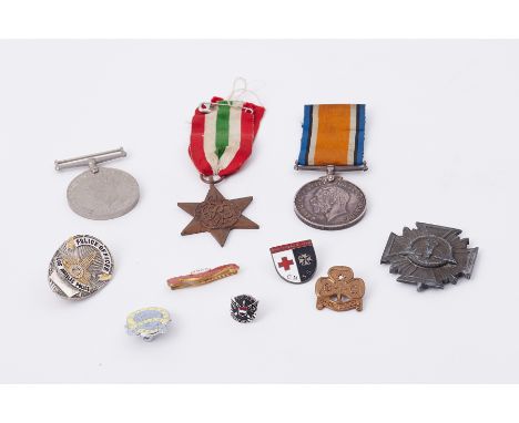 Various medals including Great War medal awarded to 80647 D.V.R. W. C. Bradshaw also various badges including Butlins Ireland