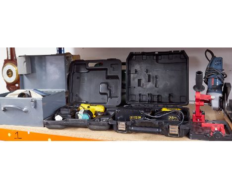 An assortment of power tools to include Bosch drill, Bosh circular saw, two DeWalt drills etc all fitted with two pin Europea