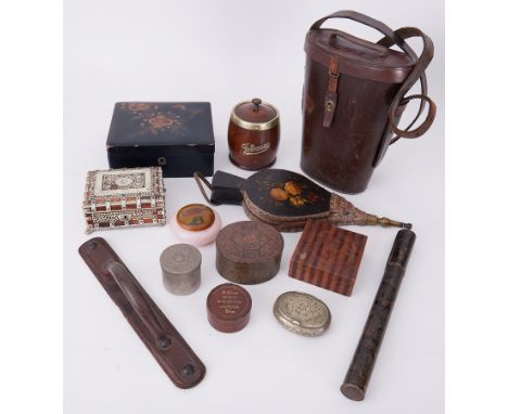 A mixed lot including old leather large binoculars case, Tortoiseshell style box, lacquered box, tea caddy, old bellows, tole
