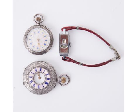 Two ornate silver &amp; enamel pocket watches, total weight 79.00gm and an Art Deco jump hour watch, (3)