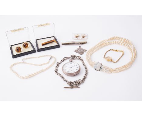 A mixed lot to include faux pearls, 'tigers eye' cufflinks &amp; tie slide, mother of pearl clip on earrings, a mother of pea