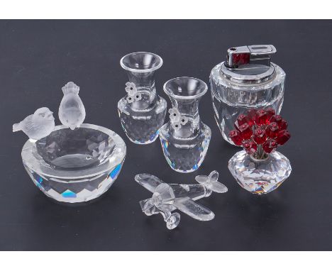 Swarovski Crystal Glass, 'Aeroplane', two 'Vases' decorated with flowers, 'Bird bath', 'Vase of Roses' and 'Lighter', all box