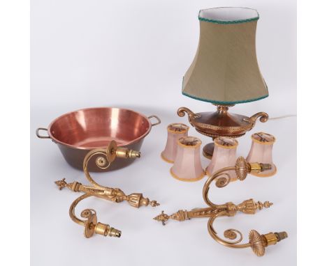 A copper jam pan, a pair of gilt brass wall lights and a table lamp, some shades