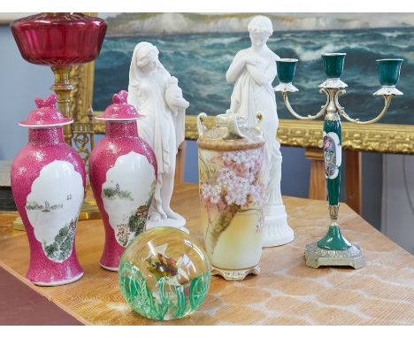 A pair of Parian classical figures, tallest 38cm, Noritake porcelain vase, pair of oriental jars and covers, candelabra and l