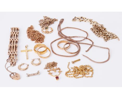 A mixed lot to include a 9ct yellow gold gate bracelet, 8.67gm, four 22ct yellow gold wedding bands, 18.70gm, a quantity of 9