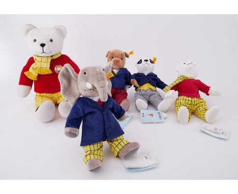 Four unboxed Steiff bears comprising Bill Badger, Edward Trunk, Rupert and Algy Pug together with an Anniversary Rupert bear.