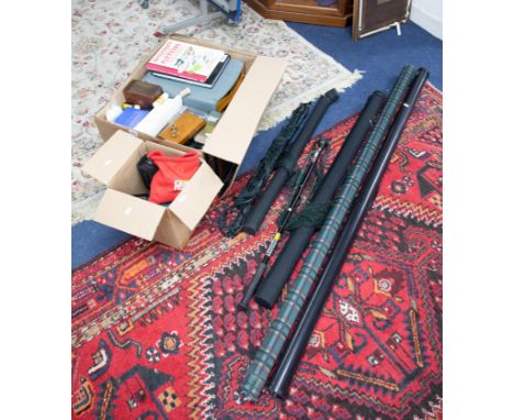 A collection of FLY FISHING equipment. Including four 9 foot and 10 foot rods including Airflow Delta Plus, Redington Red Fly