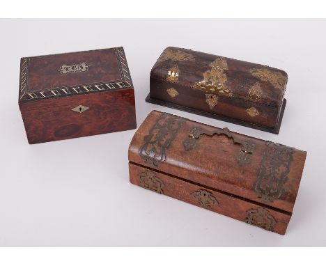 Two Victorian walnut and other glove boxes, one containing various items including a Reflex gents wristwatch, carvings, minia