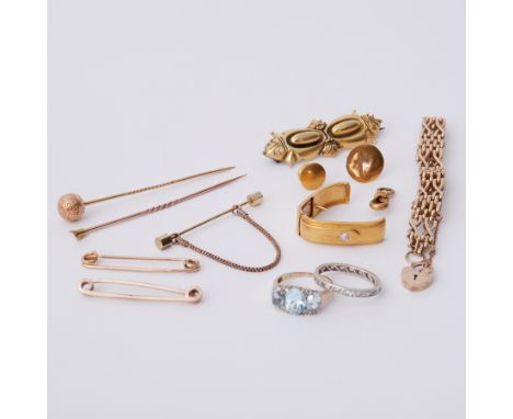 A mixed lot of gold jewellery items, most items hallmarked, items that are not have not been tested, to include stick pins, t