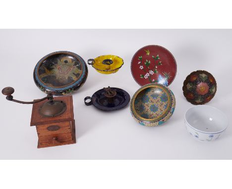 A cloisonne bowl and other metalware's together with a French coffee grinder and enamelled chamber sticks.