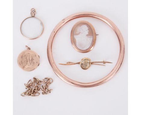 A mixed lot to include a rose gold bangle, 12.65gm, a 9ct gold locket, 4.17gm, a 9ct gold cameo, 5.75gm, a 9ct gold brooch, 2