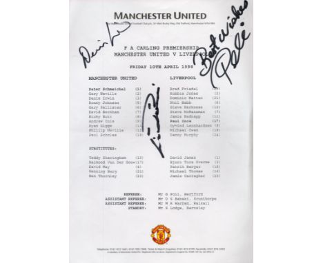 Football Legends Denis Law, Eusebio and Pele signed Manchester United v Liverpool 1998 A4 Team sheet fantastic, rare item wit