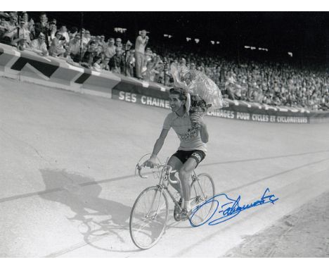 Autographed Federico Bahamontes 8 X 6 Photo - B/W, Depicting The Spanish Rider Raising A Bouquet Of Flowers During A Lap Of H