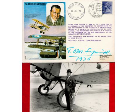 Sir Thomas Sopwith signed Commemorative own FDC double PM First Flight Premier Vol 17-5-76 and 60th Anniversary of the Great 